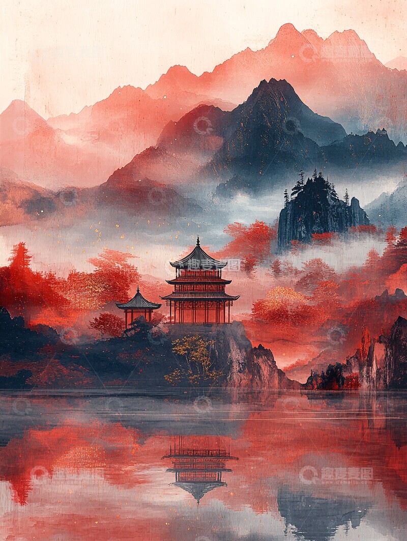 高清大图下载【趣麦麦图】红金山水纹样