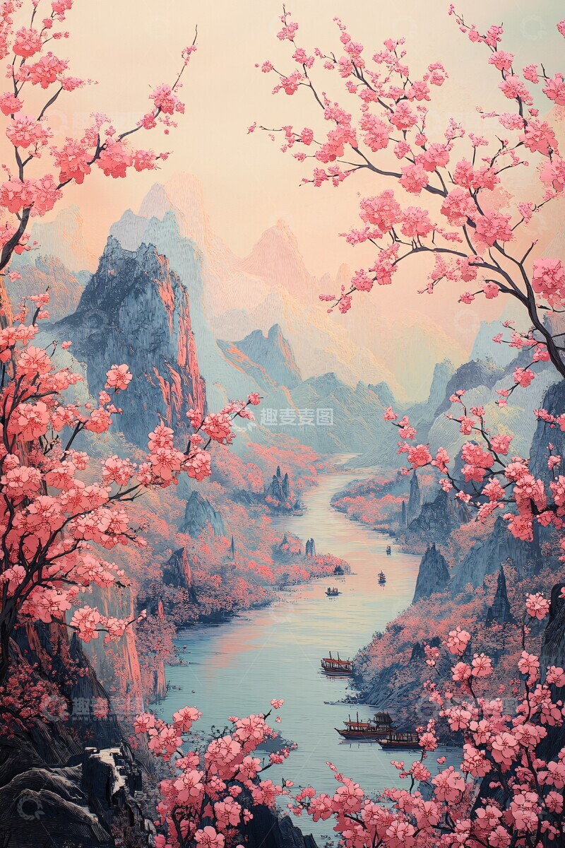高清大图下载【趣麦麦图】樱花山水剪纸图2