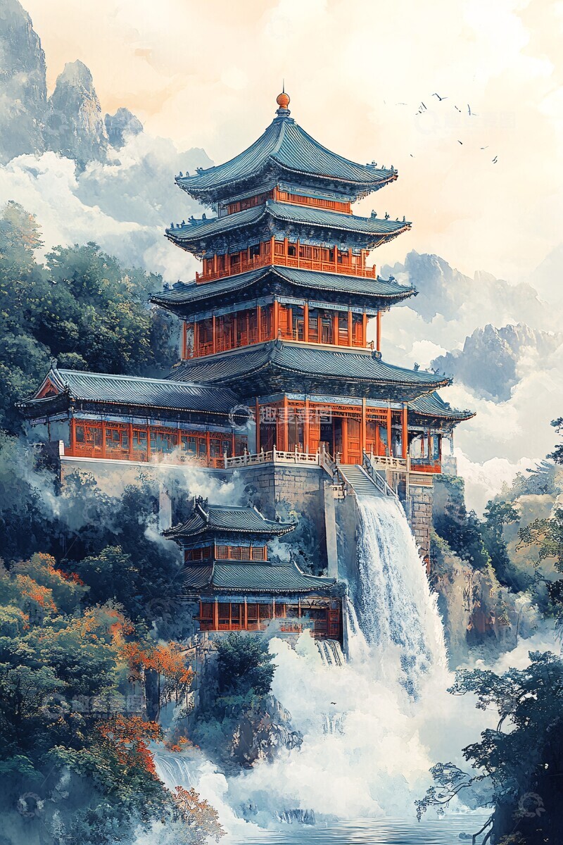 高清大图下载【趣麦麦图】祥云山水古建