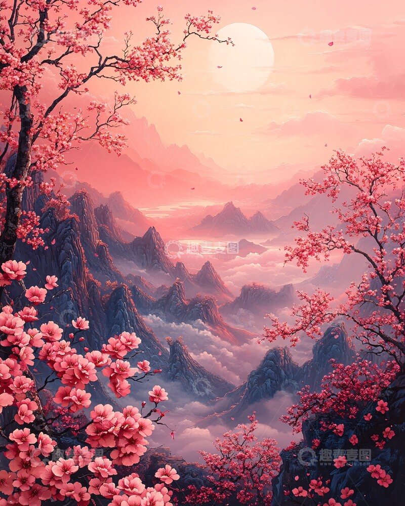 高清大图下载【趣麦麦图】桃花云山图桃花云彩背景2
