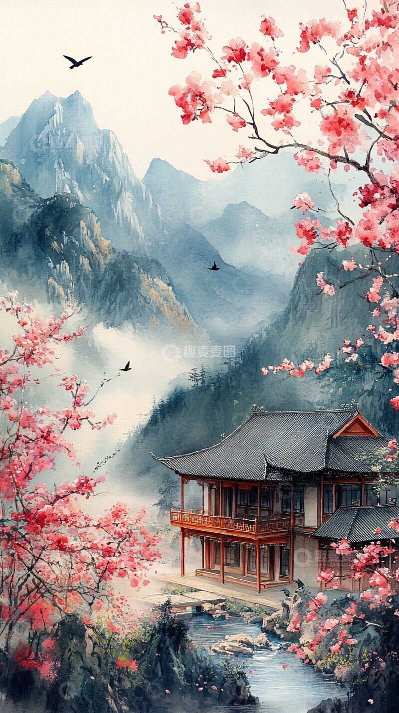 高清大图下载【趣麦麦图】山水桃林亭台流水