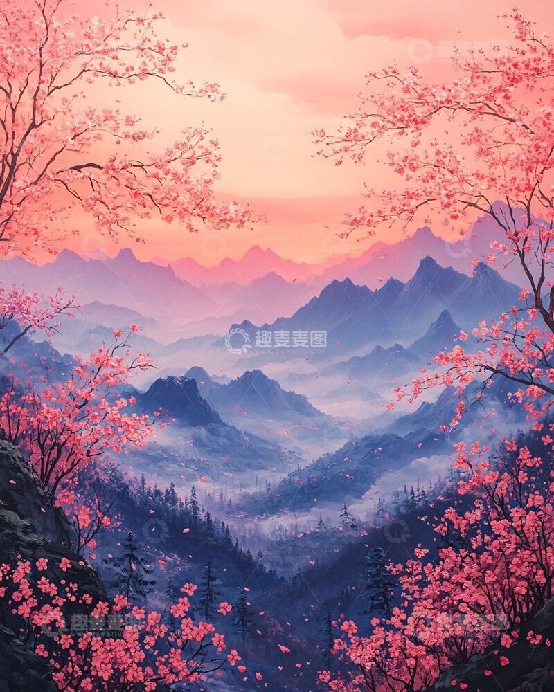 高清大图下载【趣麦麦图】桃花云山图桃花云彩背景1