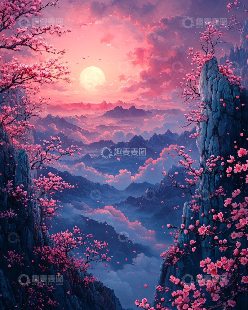 桃花云山图桃花云彩背景