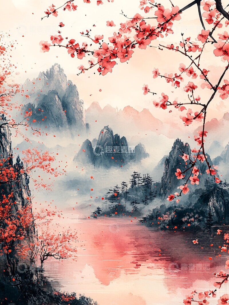 高清大图下载【趣麦麦图】粉色山水画卷2