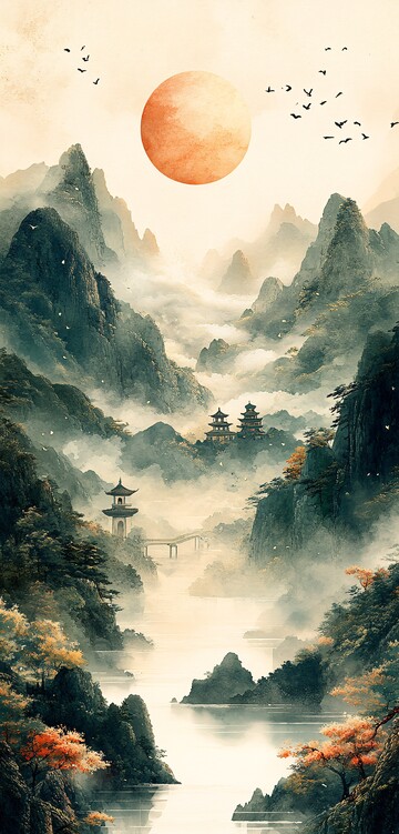 银杏山寺云银杏墨画绿色2