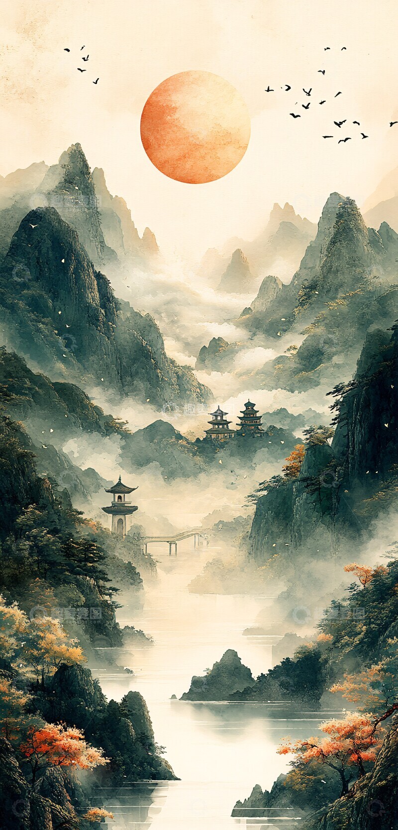 高清大图下载【趣麦麦图】银杏山寺云银杏墨画绿色2