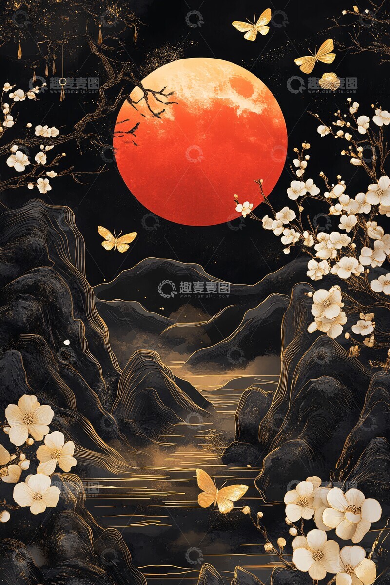 高清大图下载【趣麦麦图】红月白花金蝶图1