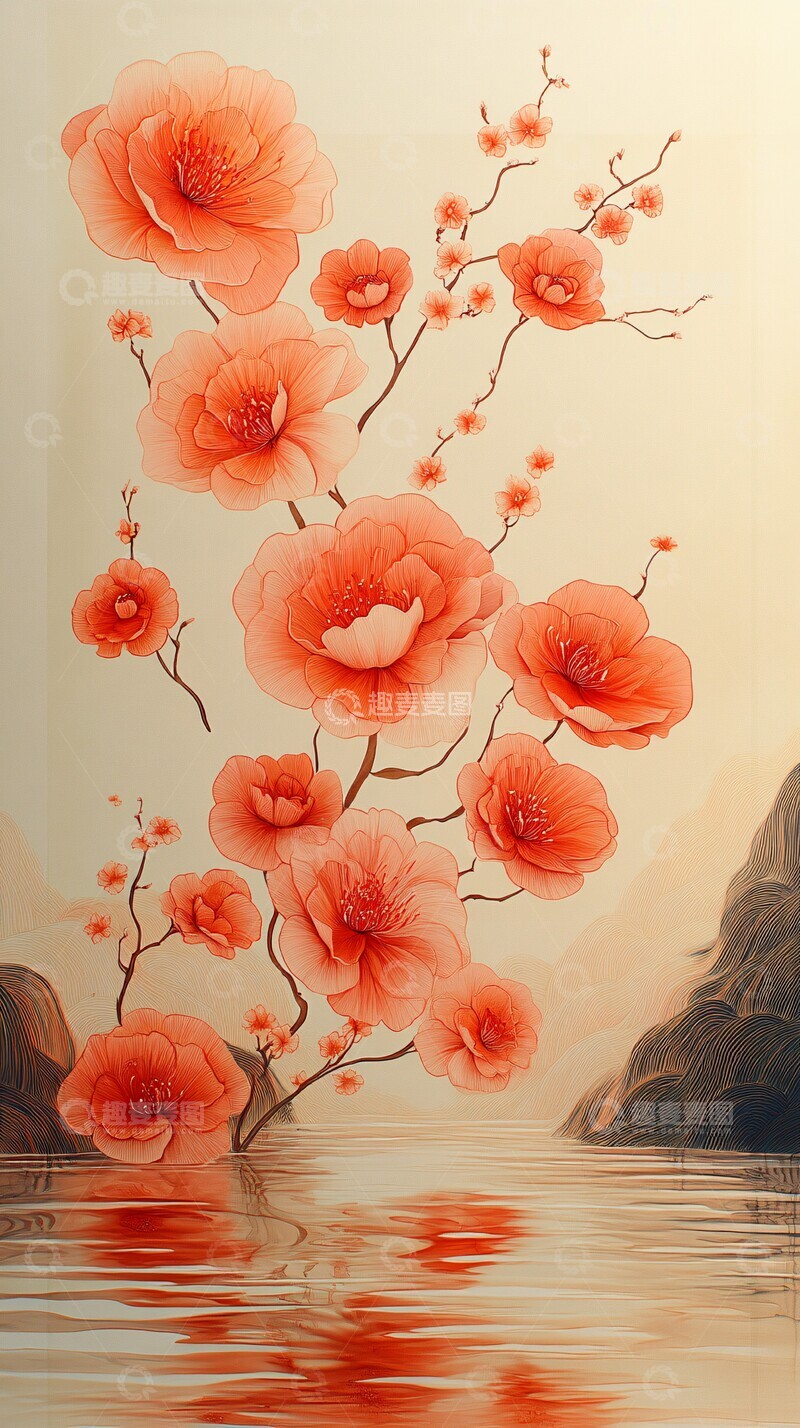 高清大图下载【趣麦麦图】红线绘花河红线黄底河流