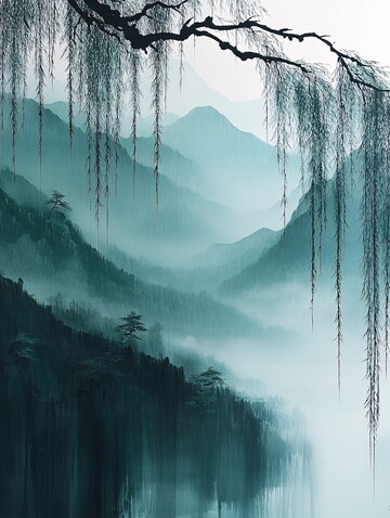 清明雨柳图清明绿色灰色