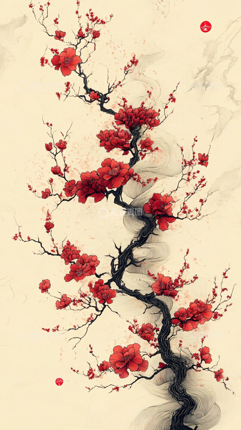 高清大图下载【趣麦麦图】红线绘花河红线黄底河流1