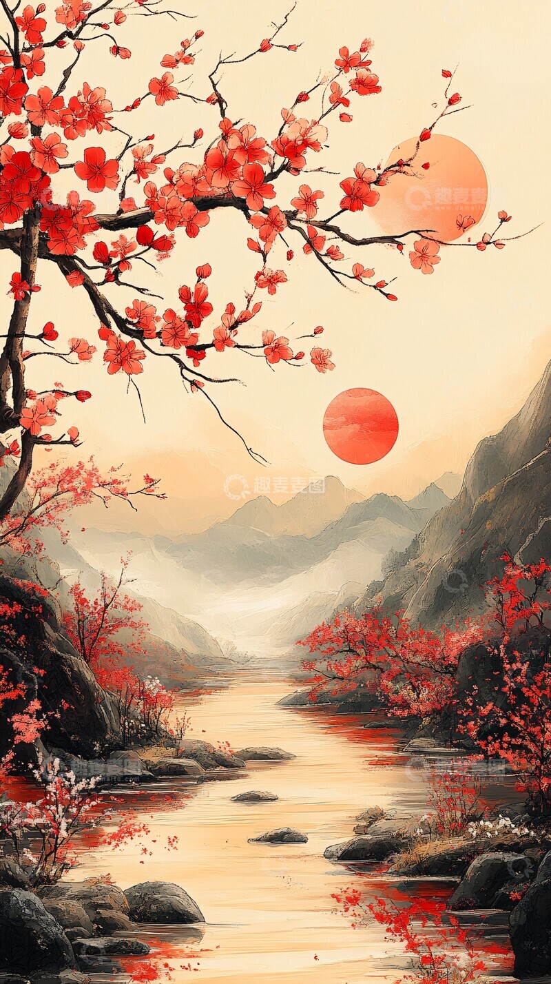 高清大图下载【趣麦麦图】红线绘花河红线黄底河流2