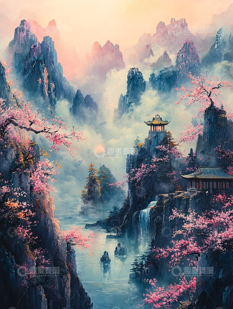 高清大图下载【趣麦麦图】彩色山水月夜图