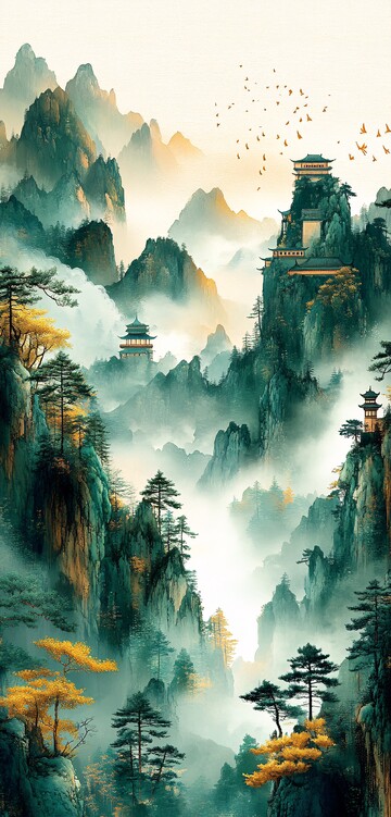 银杏山寺云银杏墨画绿色1