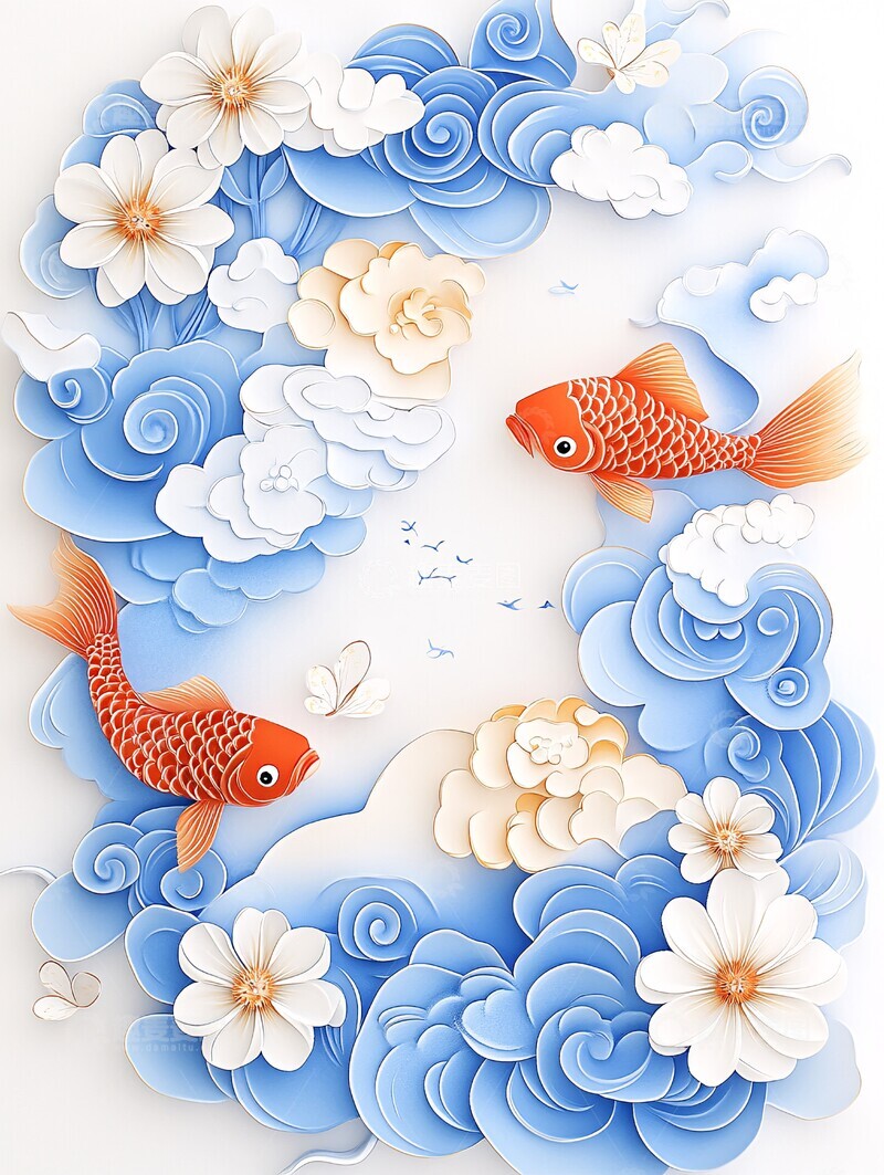 高清大图下载【趣麦麦图】蓝云红鱼花水彩