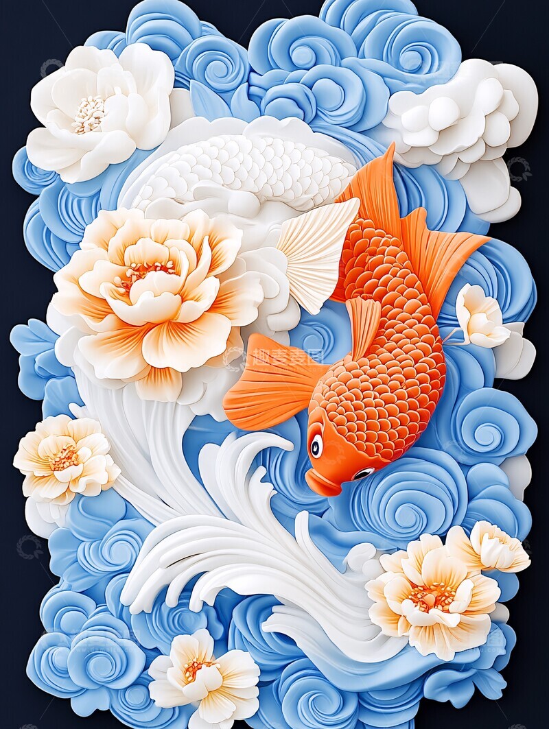 高清大图下载【趣麦麦图】蓝云红鱼花水彩1