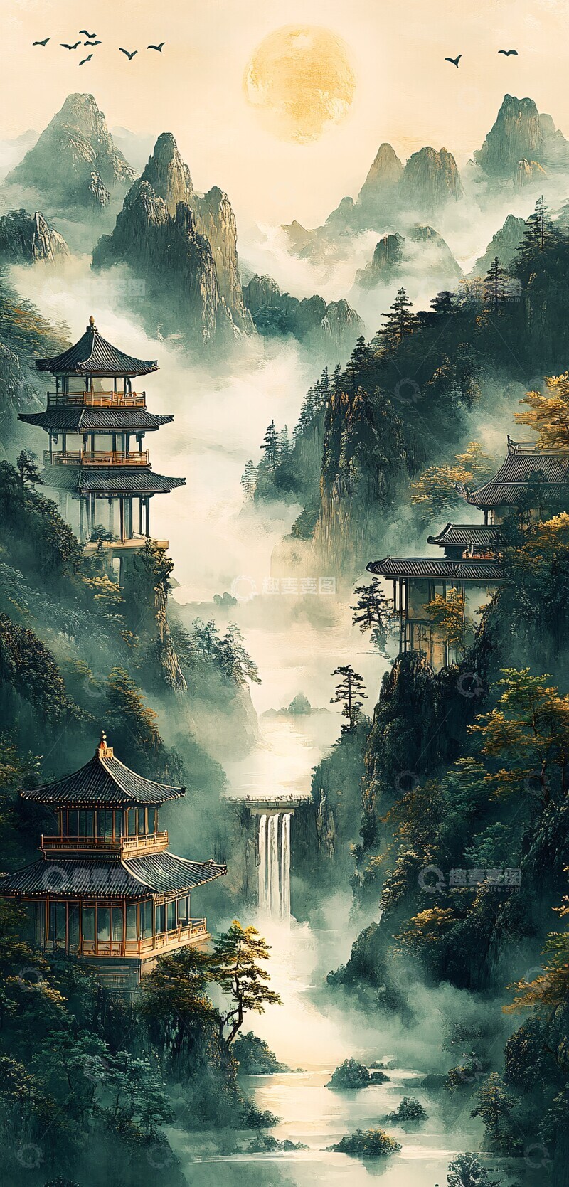 高清大图下载【趣麦麦图】银杏山寺云银杏墨画绿色