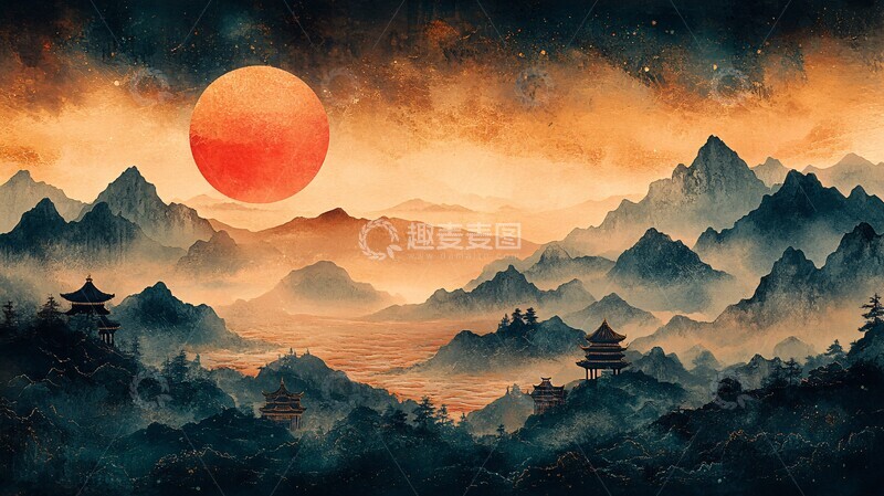 高清大图下载【趣麦麦图】山水金箔墨色图2