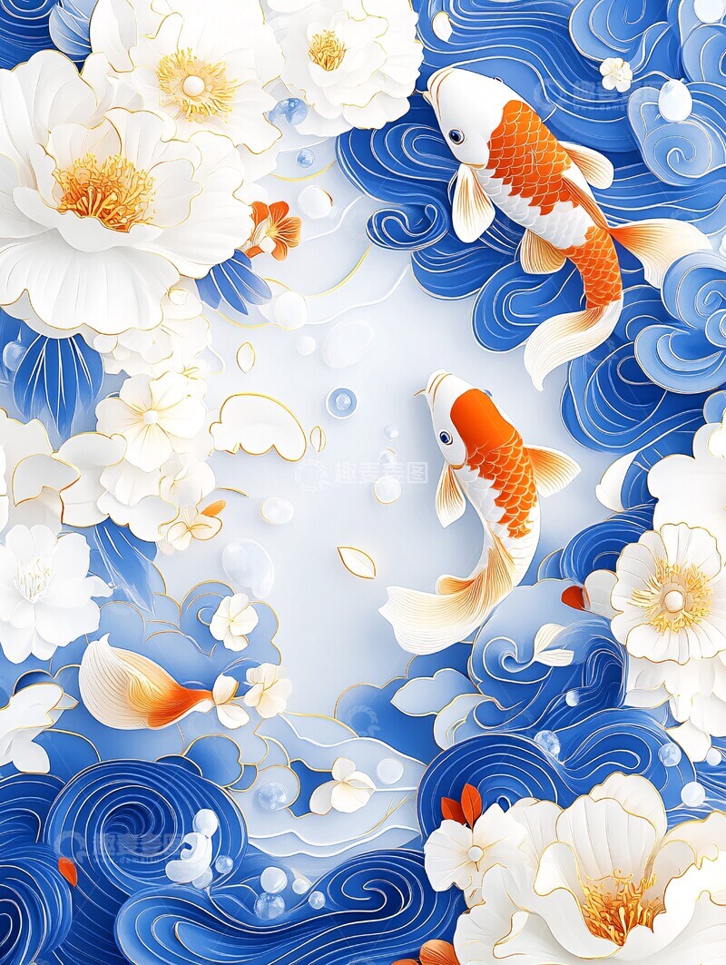 高清大图下载【趣麦麦图】蓝云红鱼花水彩2