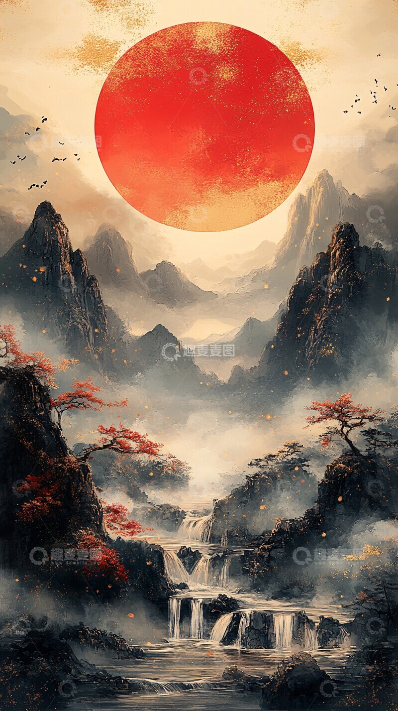 高清大图下载【趣麦麦图】红日金辉云石图1