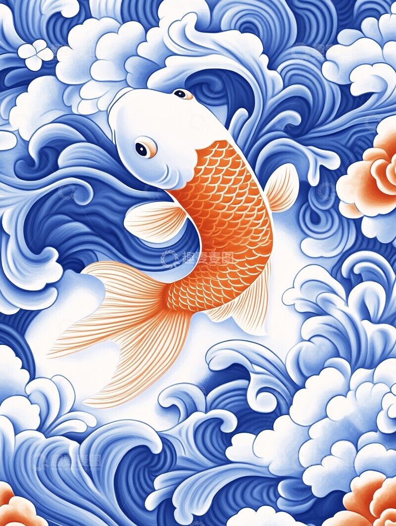 高清大图下载【趣麦麦图】蓝云红鱼花水彩3