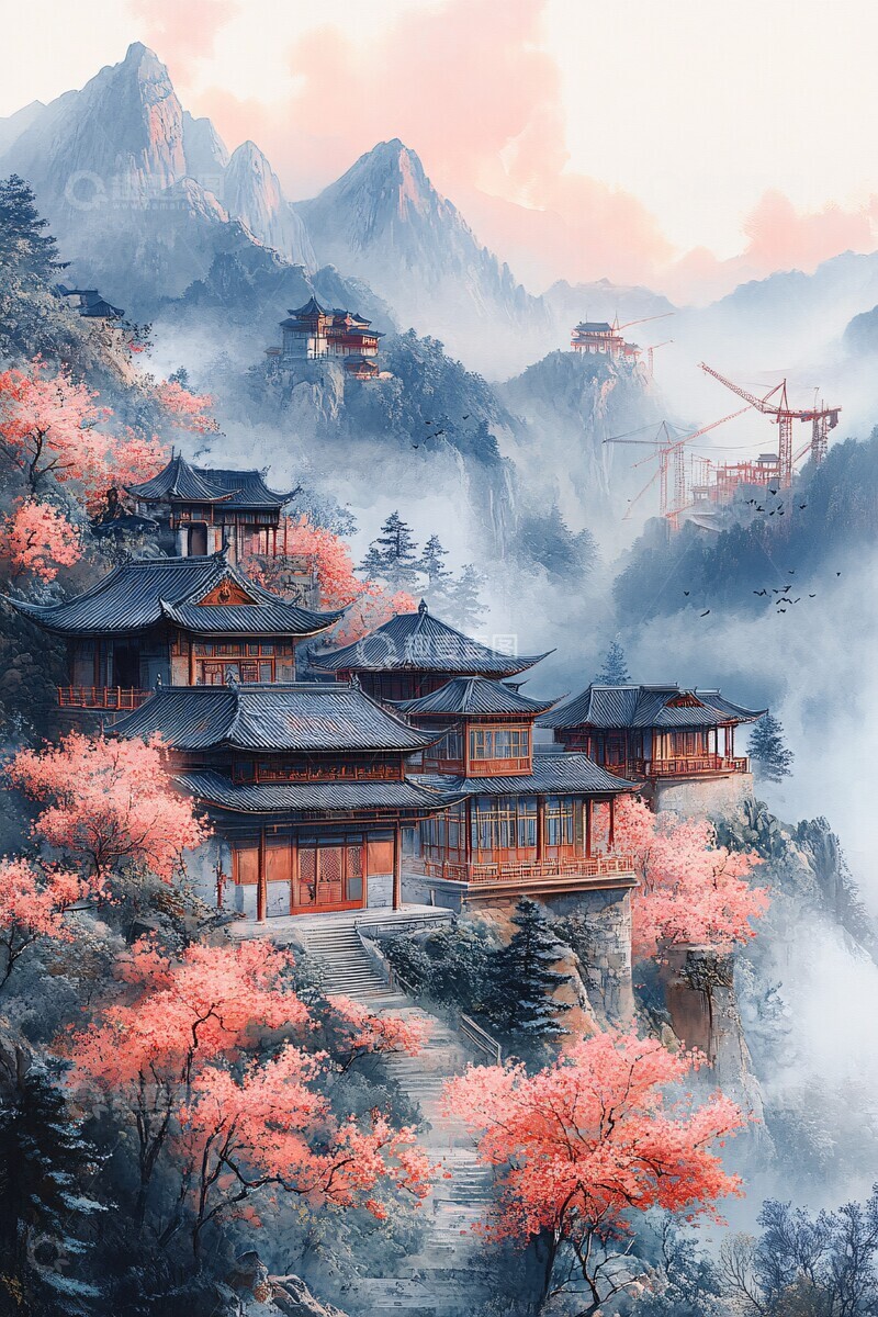 高清大图下载【趣麦麦图】-山间古建与桃花