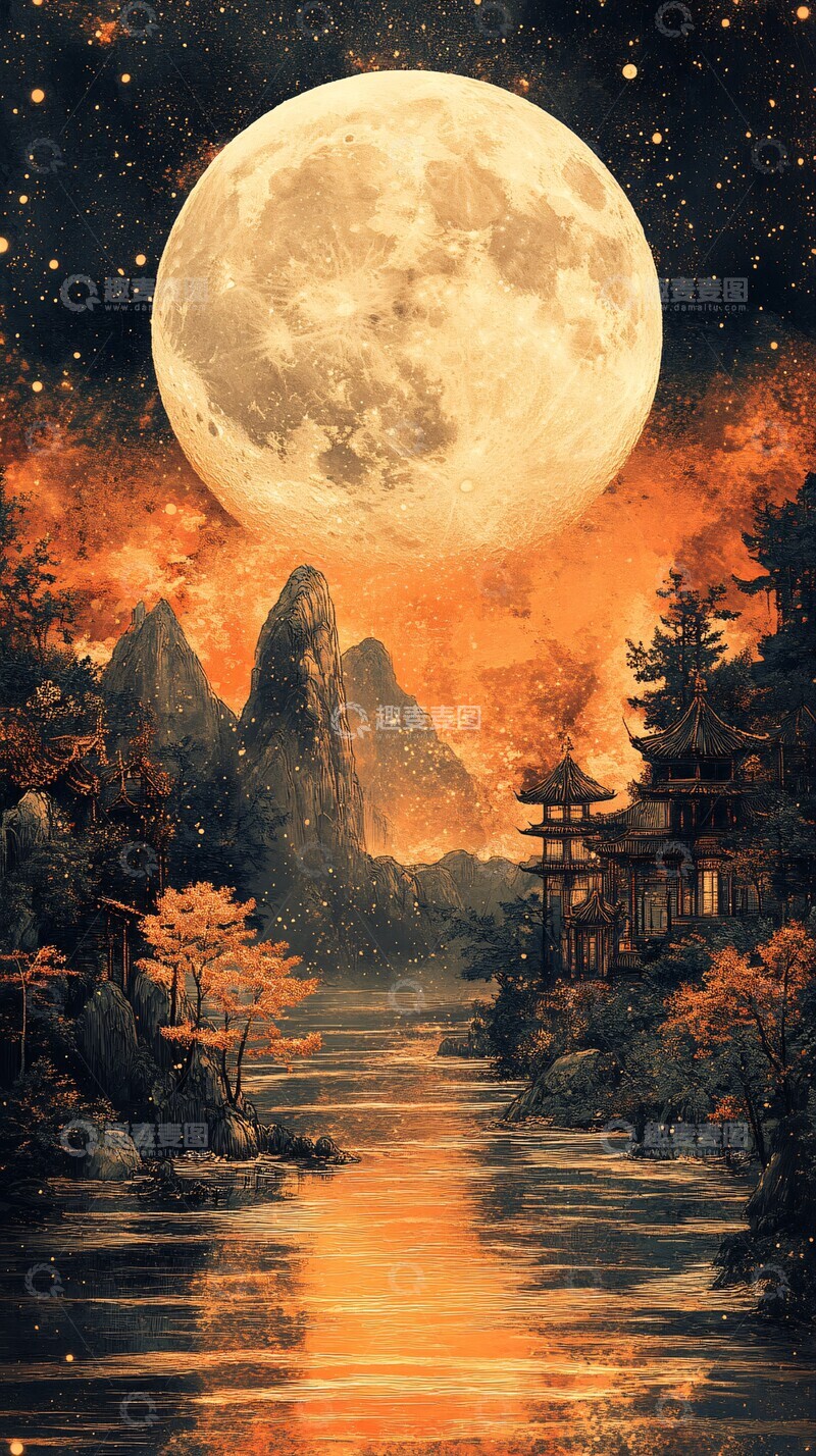 高清大图下载【趣麦麦图】古风月下水中月