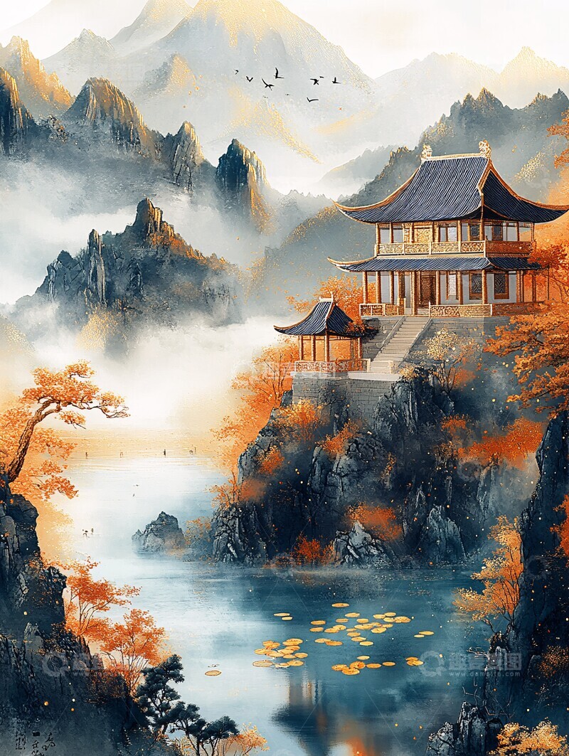 高清大图下载【趣麦麦图】山水绣品山水绣品金色2