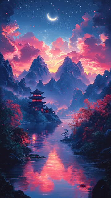 山川暮色映月湖