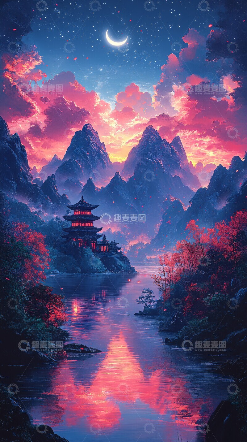 高清大图下载【趣麦麦图】山川暮色映月湖