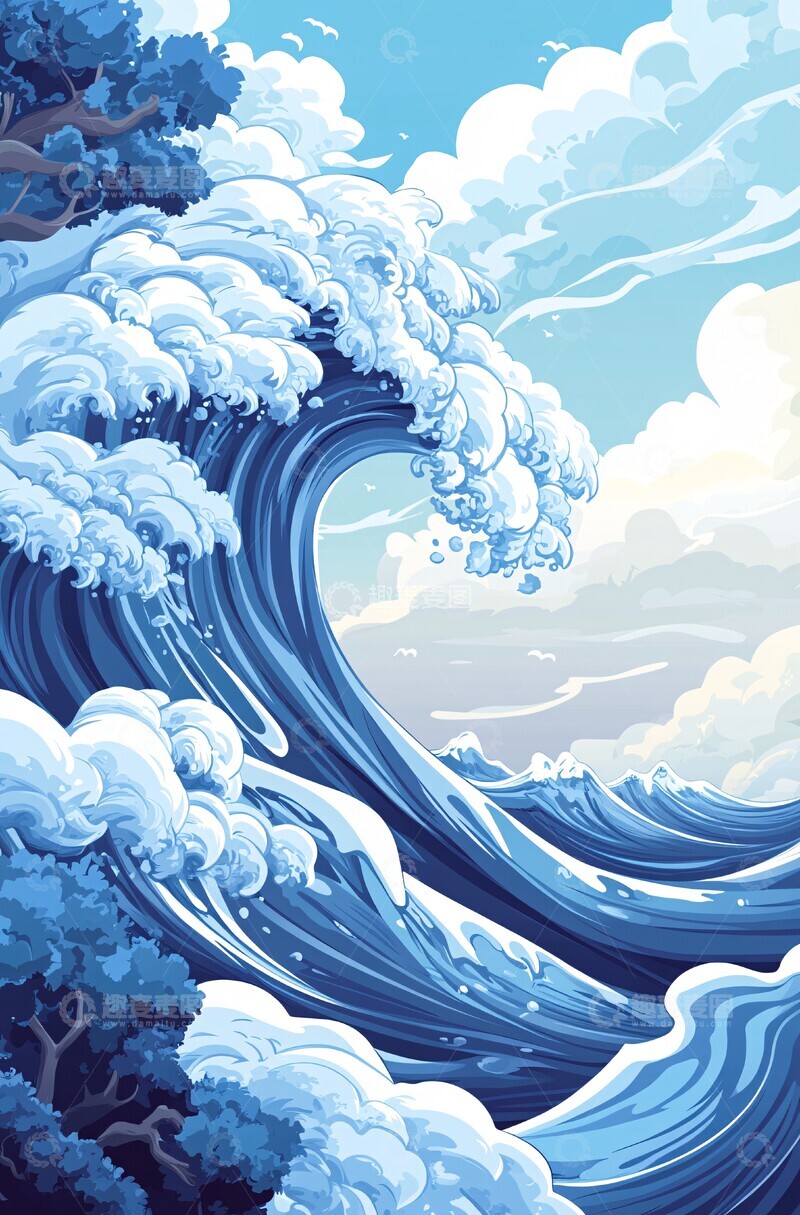 高清大图下载【趣麦麦图】大浪蓝白艺术插画2