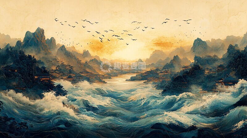 高清大图下载【趣麦麦图】河流鸟群城市1