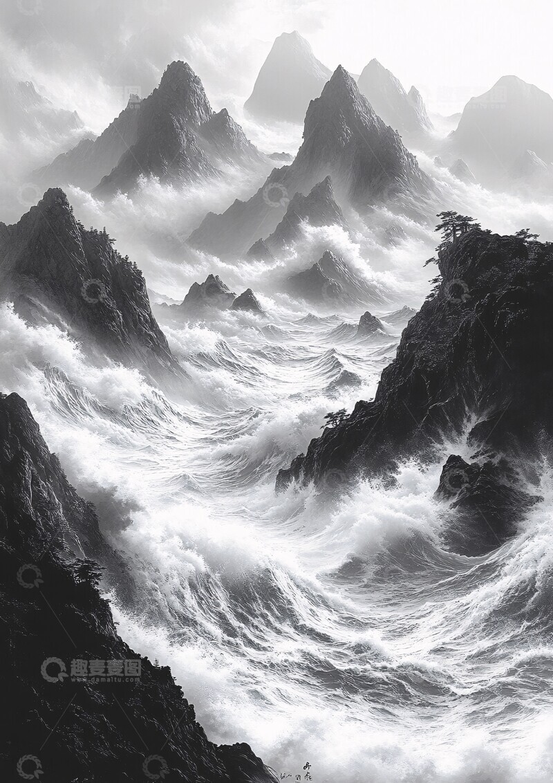 高清大图下载【趣麦麦图】山水波浪图山水波浪黑白
