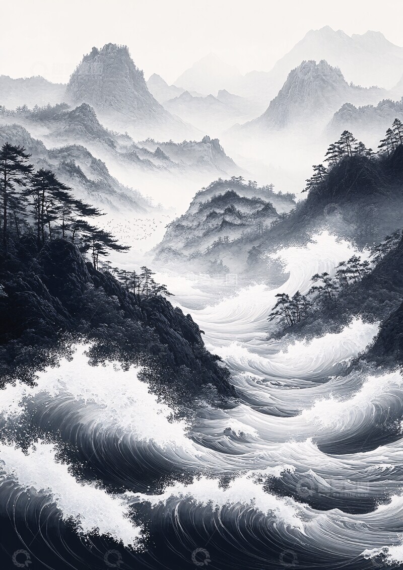 高清大图下载【趣麦麦图】山水波浪图山水波浪黑白1