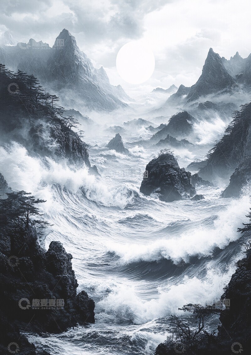 高清大图下载【趣麦麦图】山水波浪图山水波浪黑白2