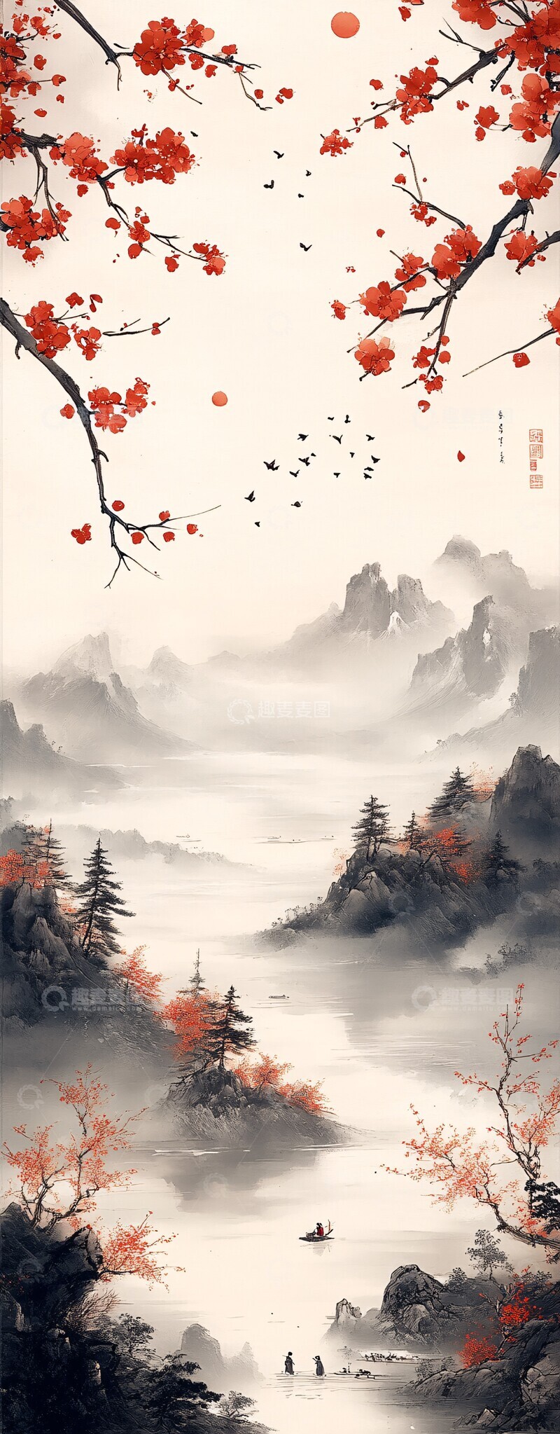 高清大图下载【趣麦麦图】山水云龙兰花图