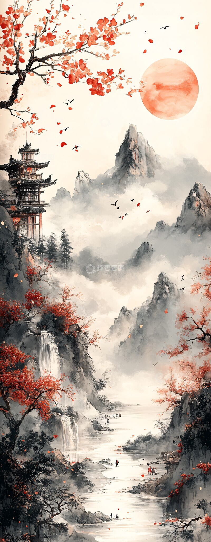 高清大图下载【趣麦麦图】山水云龙兰花图1