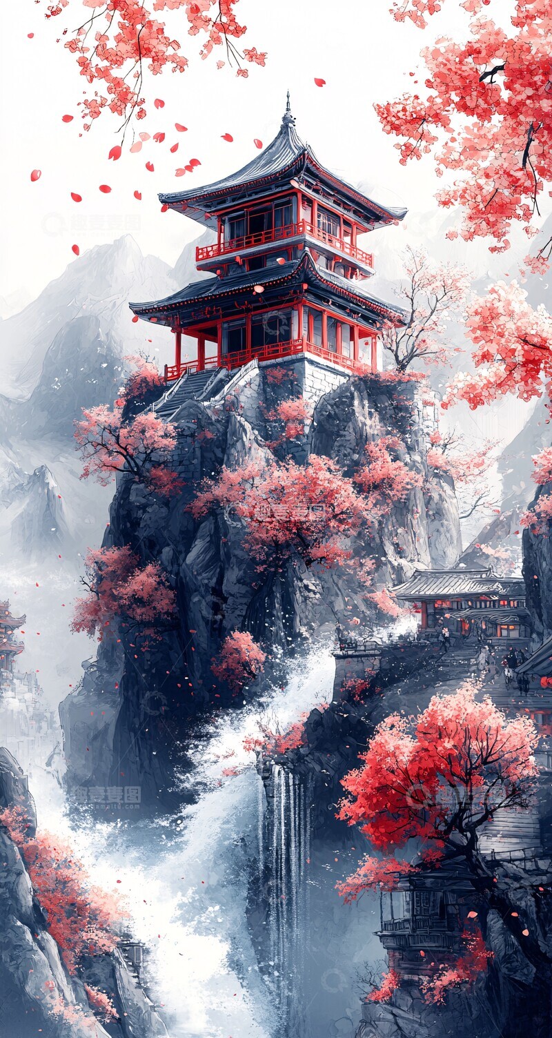 高清大图下载【趣麦麦图】樱花建筑波浪1