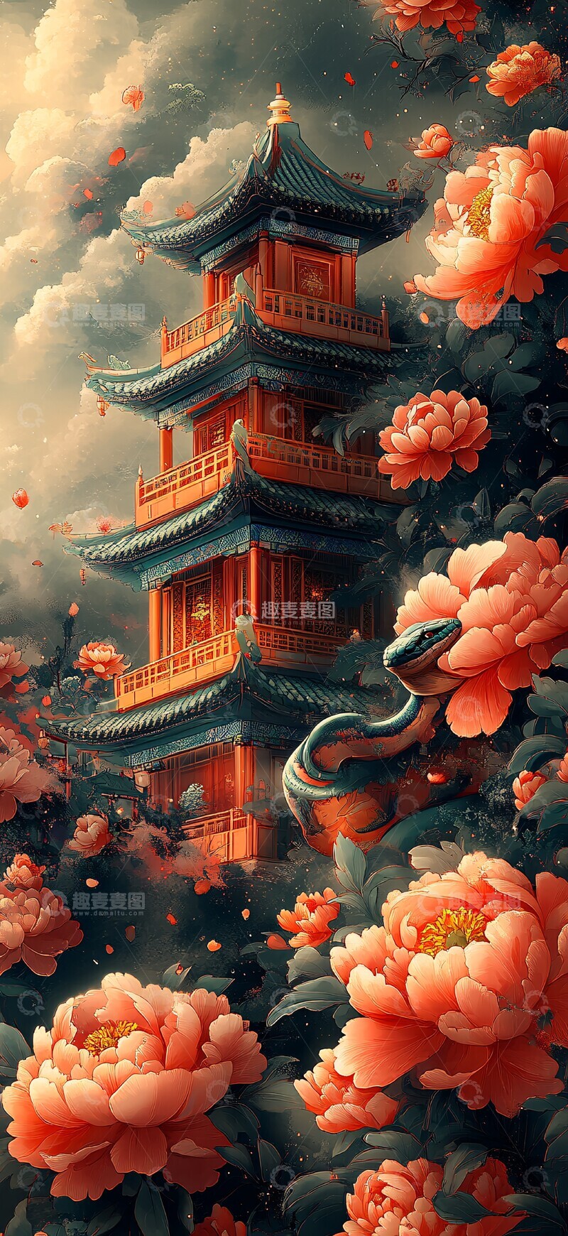 高清大图下载【趣麦麦图】蛇舞春花庆新年