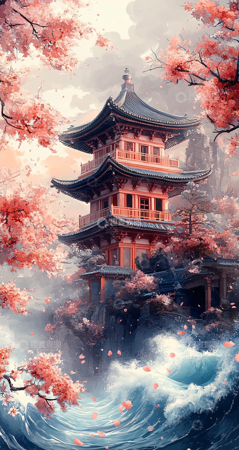 高清大图下载【趣麦麦图】樱花建筑波浪