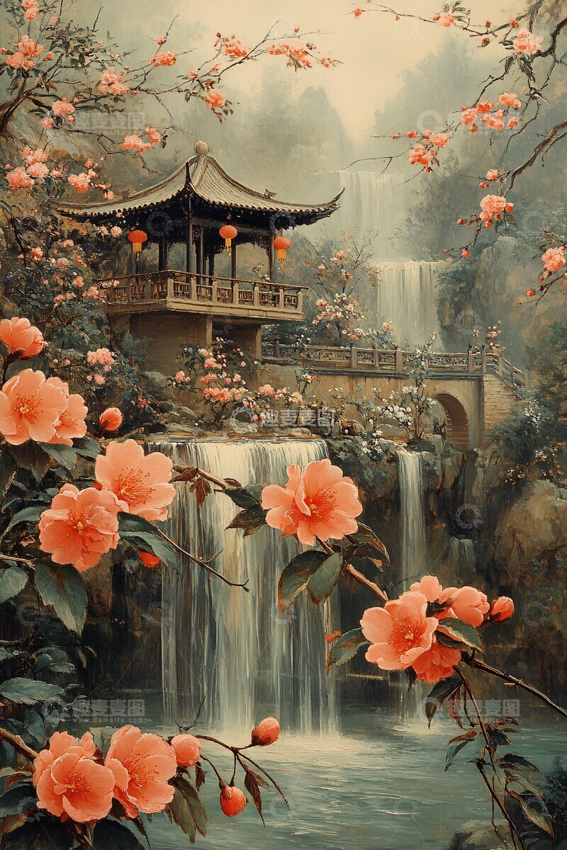 高清大图下载【趣麦麦图】桃花流水桥亭飞瀑1