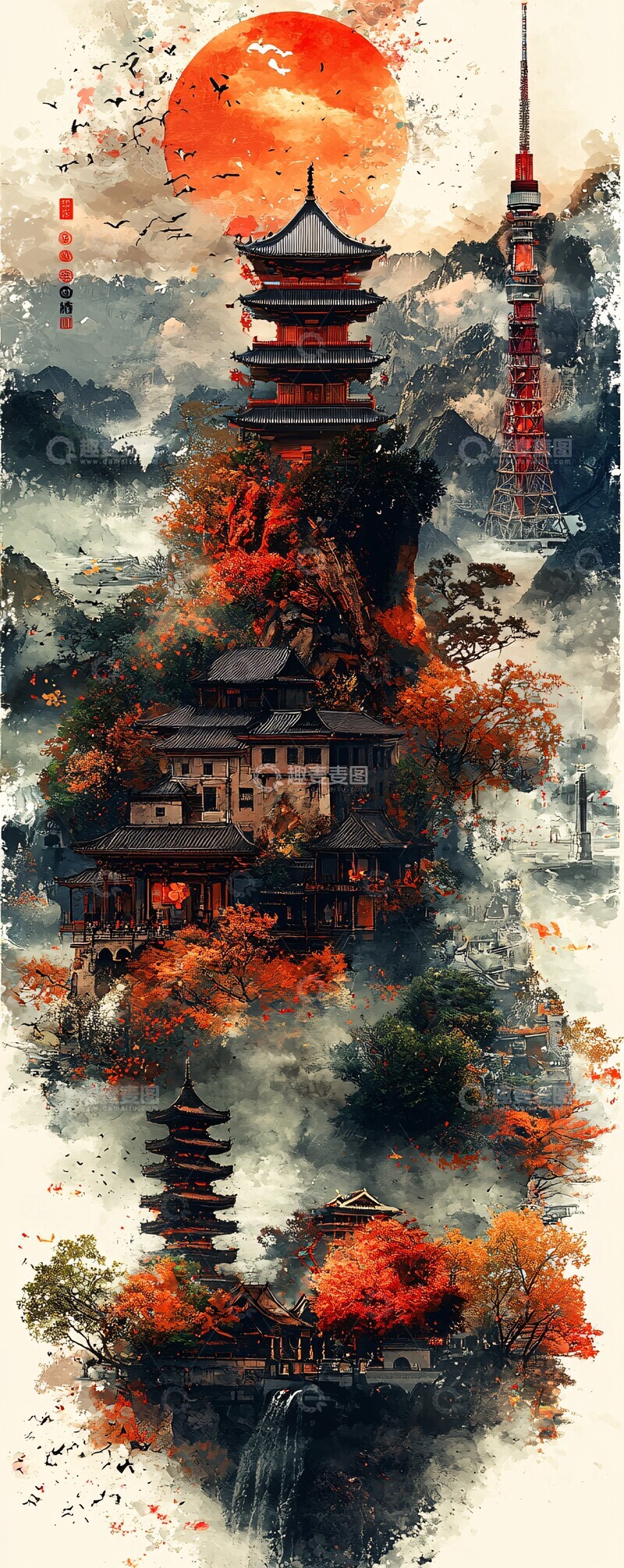 高清大图下载【趣麦麦图】洞塔山融合融合夜景建筑