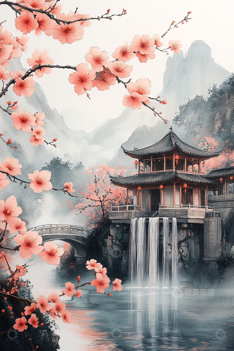 高清大图下载【趣麦麦图】桃花流水桥亭飞瀑2