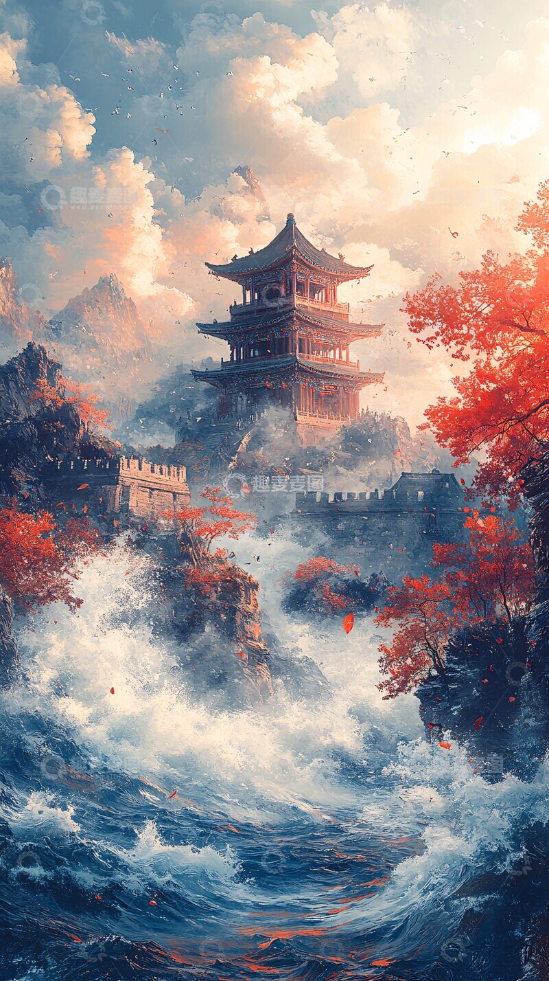 高清大图下载【趣麦麦图】山海云城阳光波浪红色1