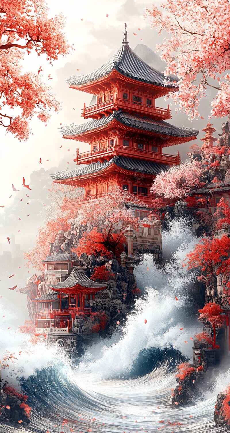 高清大图下载【趣麦麦图】樱花建筑波浪2