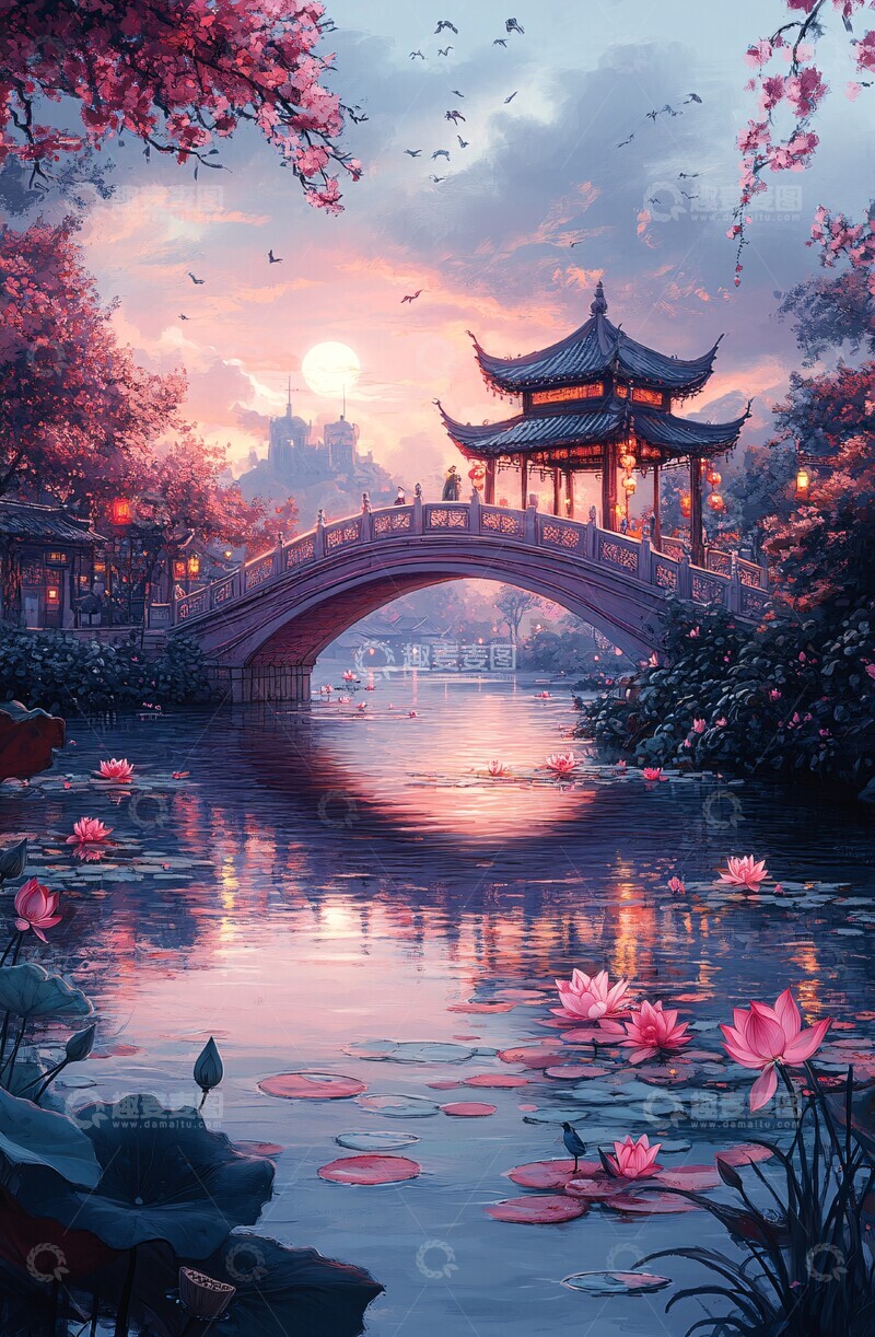 高清大图下载【趣麦麦图】莲花桥上月光夜1
