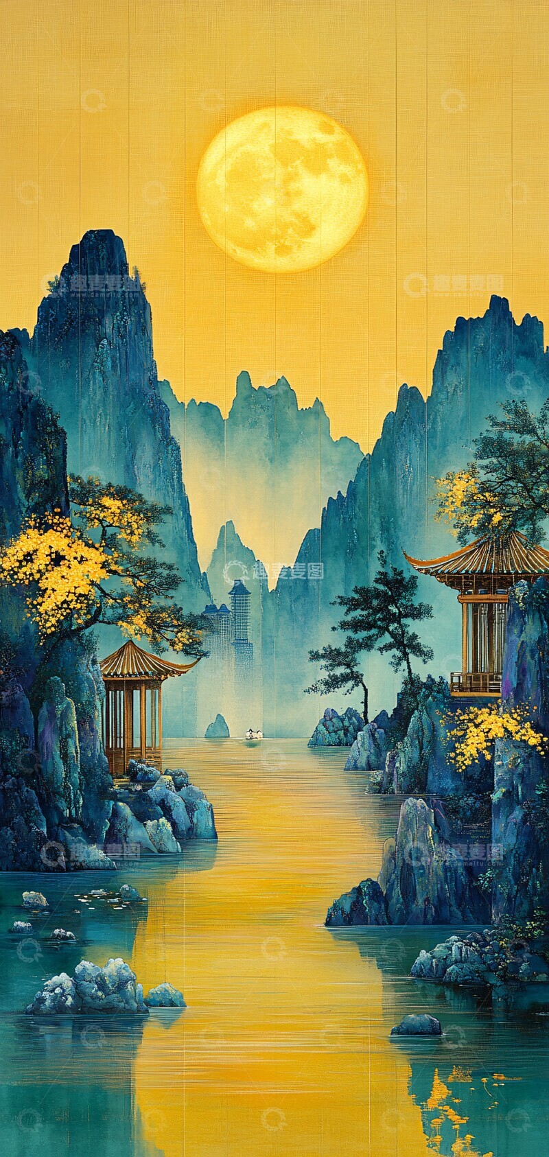 高清大图下载【趣麦麦图】黄色灯光山水画1
