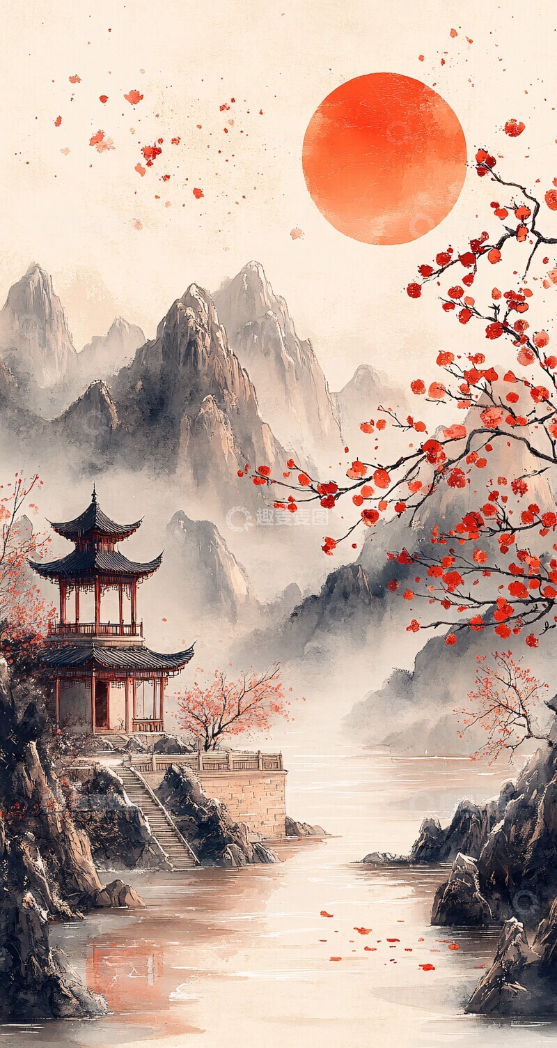 高清大图下载【趣麦麦图】-雪景古建夕阳