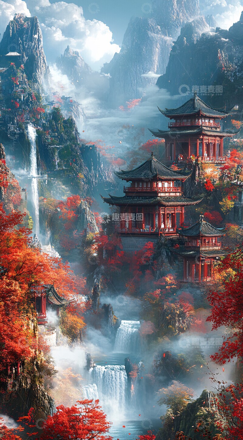 高清大图下载【趣麦麦图】红枫山景亭台云