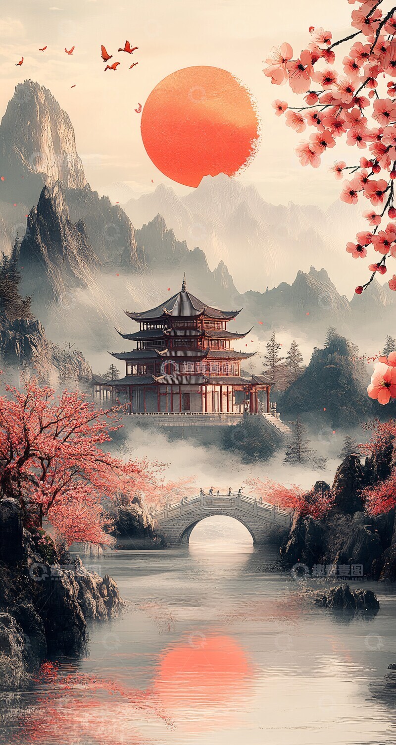 高清大图下载【趣麦麦图】-雪景古建夕阳1