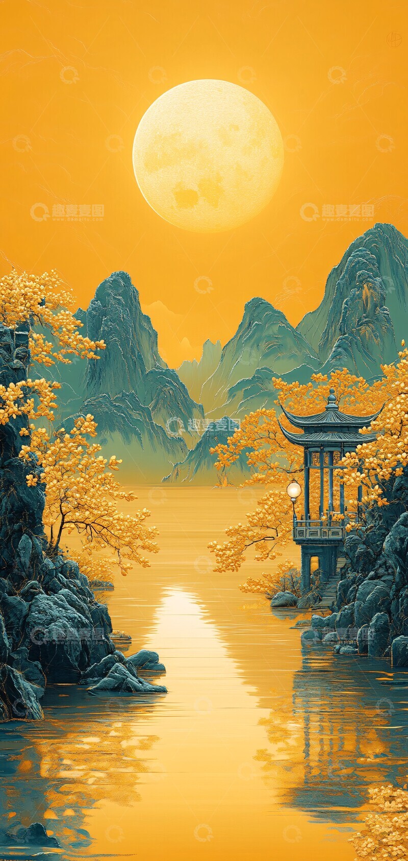 高清大图下载【趣麦麦图】黄色灯光山水画2
